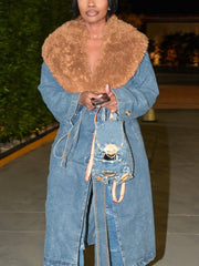 Fur Collar Denim Trench Coats
