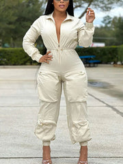 Deep V Zipper Drawstring Pocket Jumpsuits
