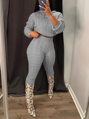Knit Hoodie Crop Top Pants Set