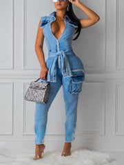 Sleeveless Cargo Denim Jumpsuits