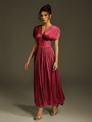 Robe longue froncée à col V couleur vin