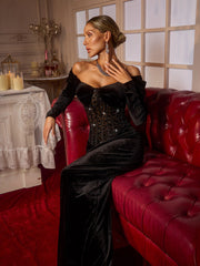 Off Shoulder Rhinestone Velvet Maxi Dress