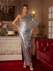 One Shoulder Flower Sequin Maxi Dress