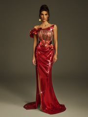 Robe maxi fendue à fleurs métallisées
