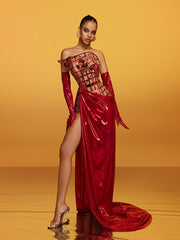 Robe longue bustier rouge à fleurs métallisées