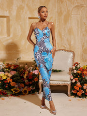 Robe midi bleu à bretelles fines et imprimé léopard