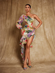 Robe maxi fleurie asymétrique multicolore