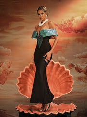 Robe maxi à épaules dénudées et bandage perlé