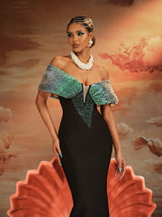 Robe maxi à épaules dénudées et bandage perlé