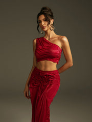 One Shoulder Ruched Skirt Set In Wine