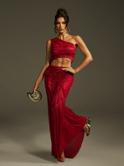 One Shoulder Ruched Skirt Set In Wine