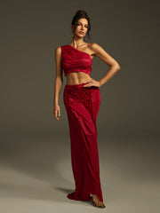 One Shoulder Ruched Skirt Set In Wine