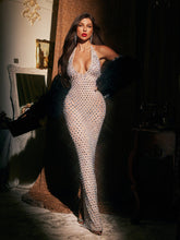 Robe maxi fendue dos nu en strass