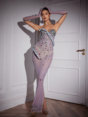 Robe longue à strass et imprimé serpent, avec gants
