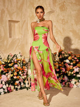 Robe longue fendue imprimée sans bretelles verte