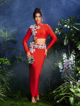 Long Sleeve Flower Bandage Skirt Set In Red