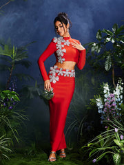 Long Sleeve Flower Bandage Skirt Set In Red