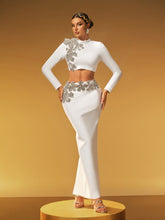 Long Sleeve Flower Bandage Skirt Set In White