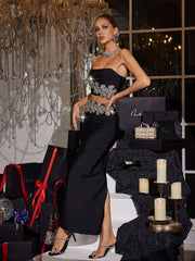 Strapless Flower Bandage Skirt Set In Black