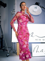 Long Sleeve Embroidered Midi Dress In Hot Pink