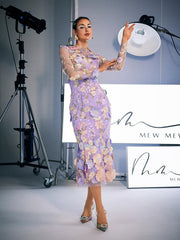 Long Sleeve Embroidered Midi Dress In Purple