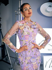 Long Sleeve Embroidered Midi Dress In Purple