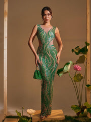 Robe maxi imprimée strass à col rond