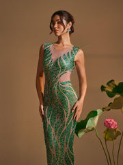 Robe maxi imprimée strass à col rond