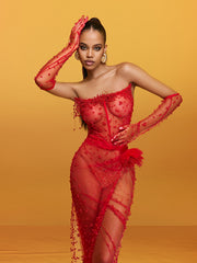 Robe longue bustier en maille perlée