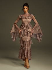 Robe midi léopard à manches cloche