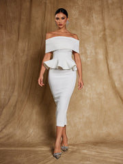 Off Shoulder Flounce Midi Dress In White