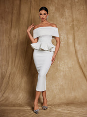Off Shoulder Flounce Midi Dress In White
