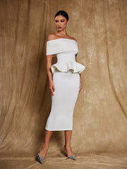 Off Shoulder Flounce Midi Dress In White