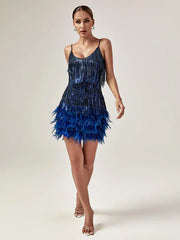 Tassel Feather Mini Dress In Royal Blue