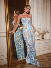 Robe longue bustier fleurie bleu ciel