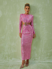 Long Sleeve Cutout Sequin Maxi Dress In Pink