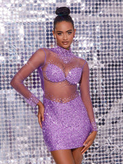Robe courte en maille cristal violette