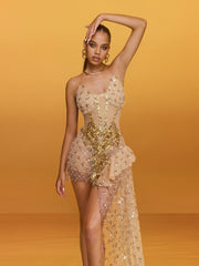 V Neck Sequin Pearl Draped Mini Dress
