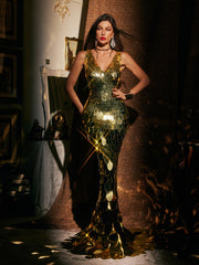 V Neck Scale Maxi Dress In Gold