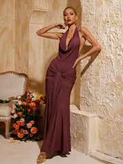 Robe maxi fendue à col bénitier froncé