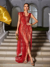 Robe longue fendue à sequins rouge