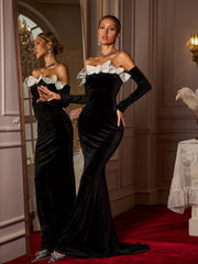 Off Shoulder Bow Flower Velvet Maxi Dress