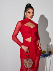 Robe longue maxi en résille ajourée à manches longues