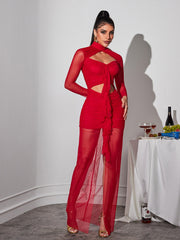 Robe longue maxi en résille ajourée à manches longues