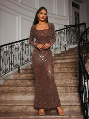 Square Neck Rhinestone Maxi Dress