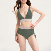 Bikini Swimsuit for Patchwork V-Neck Swimwear Drawstring Biquini Bathingwear
