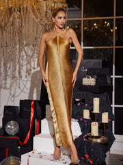 Halterneck Fringe Maxi Dress In Bronze