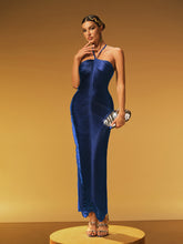 Robe longue à franges et col halter bleu marine