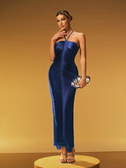 Robe longue à franges et col halter bleu marine
