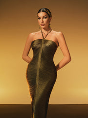 Robe longue à franges et col halter couleur olive